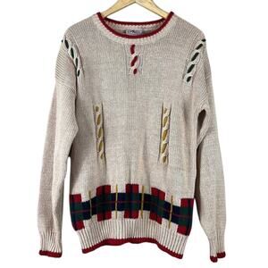 Vintage Chic Sweater Womens M Cream Plaid Hem Open Knit Holiday Ramie Preppy 90s